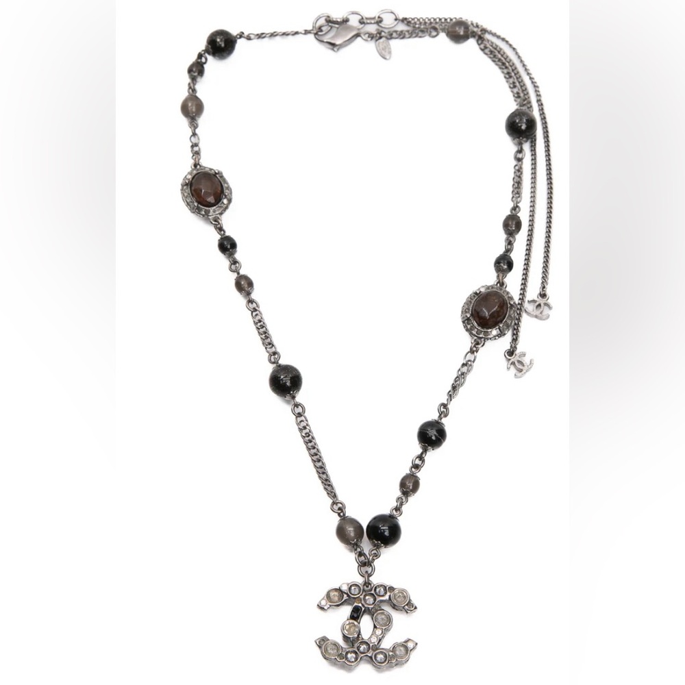 AUTHENTIC CHANEL Ruthenium Black/Gray Beaded CC Necklace-with box & pouch